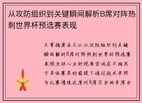 从攻防组织到关键瞬间解析B席对阵热刺世界杯预选赛表现